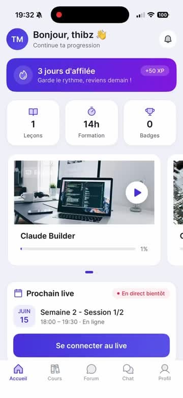 Tableau de bord d'Ottho Academy sur mobile : progression, prochain live et liste des cours