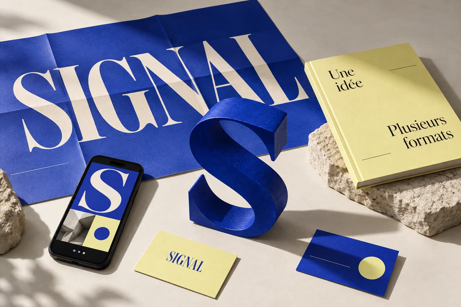 Identité fictive Studio Signal : affiche bleue, livre éditorial et déclinaison sur mobile autour d’un S sculptural