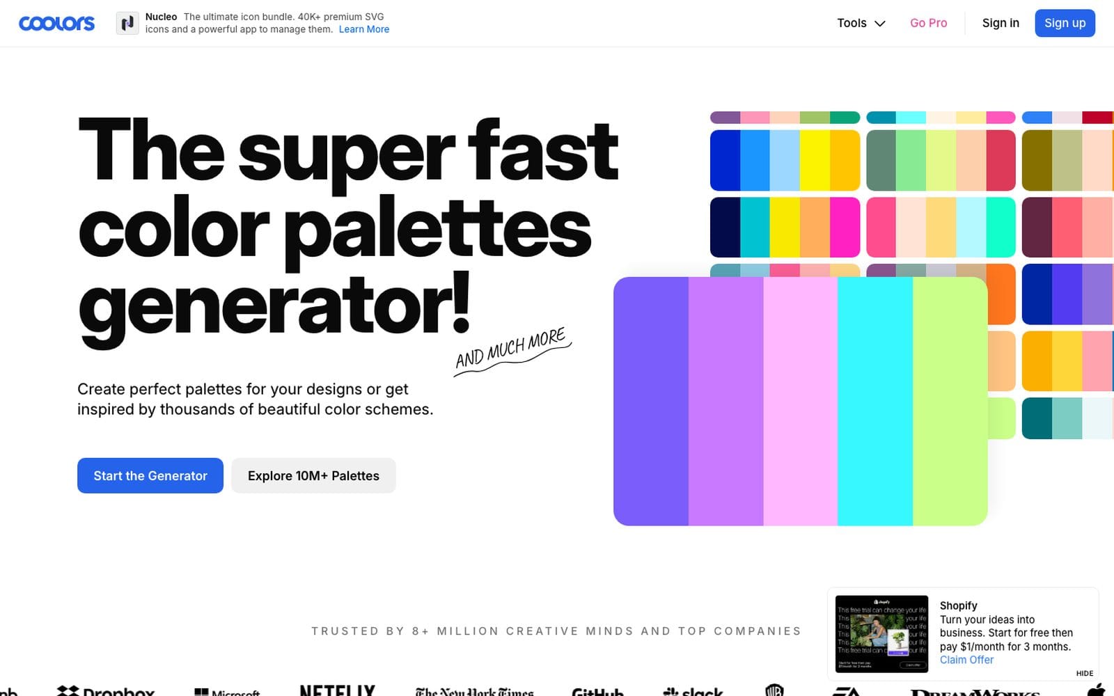 Interface de Coolors