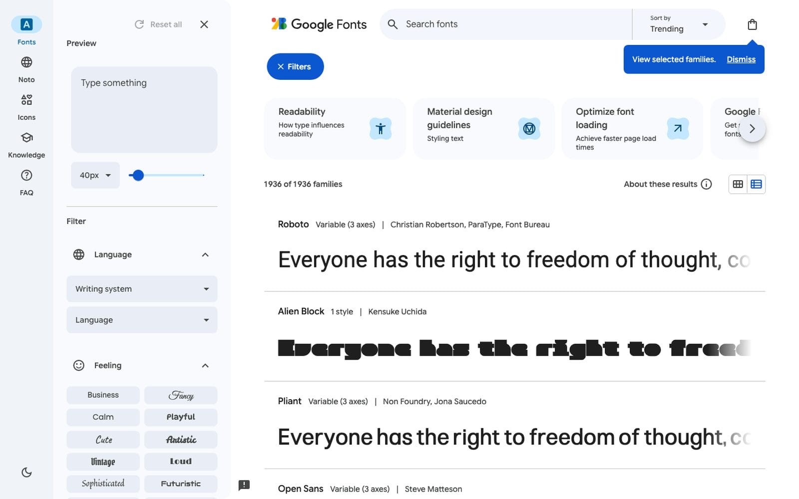 Interface de Google Fonts
