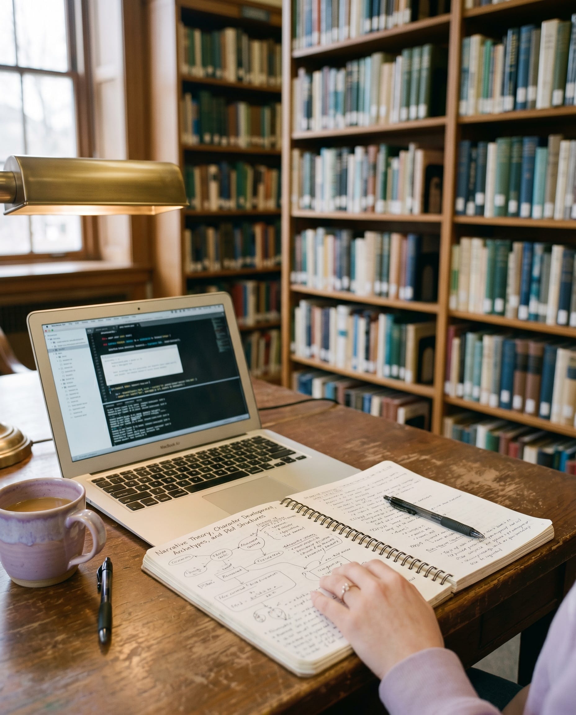 Carnet ouvert plein de notes manuscrites à côté d'un laptop