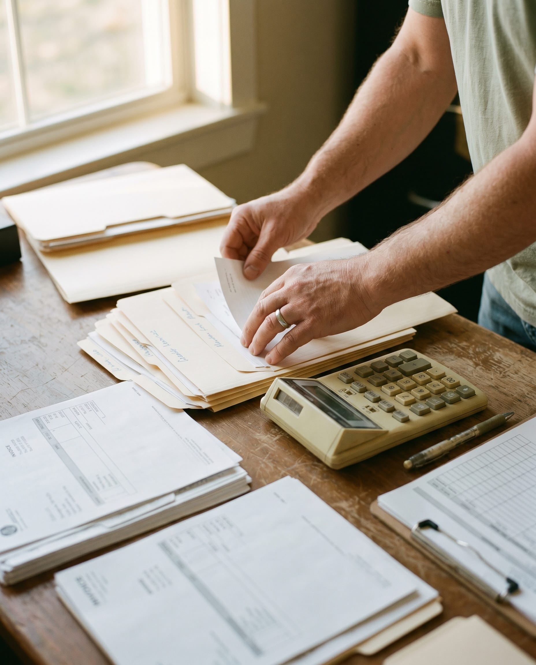 Mains organisant des dossiers et une calculatrice sur un bureau