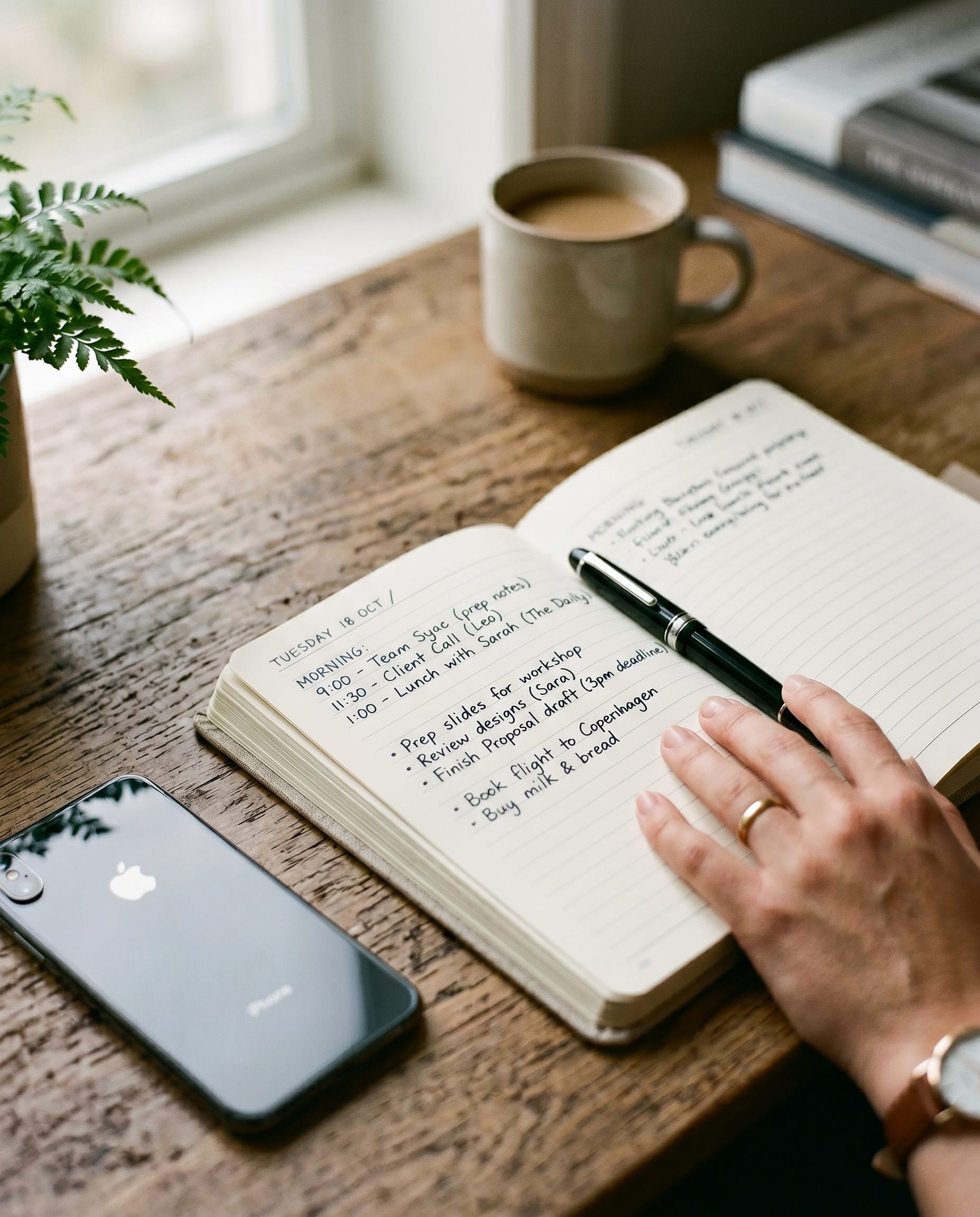 Agenda papier ouvert avec un stylo plume, lumière douce du matin