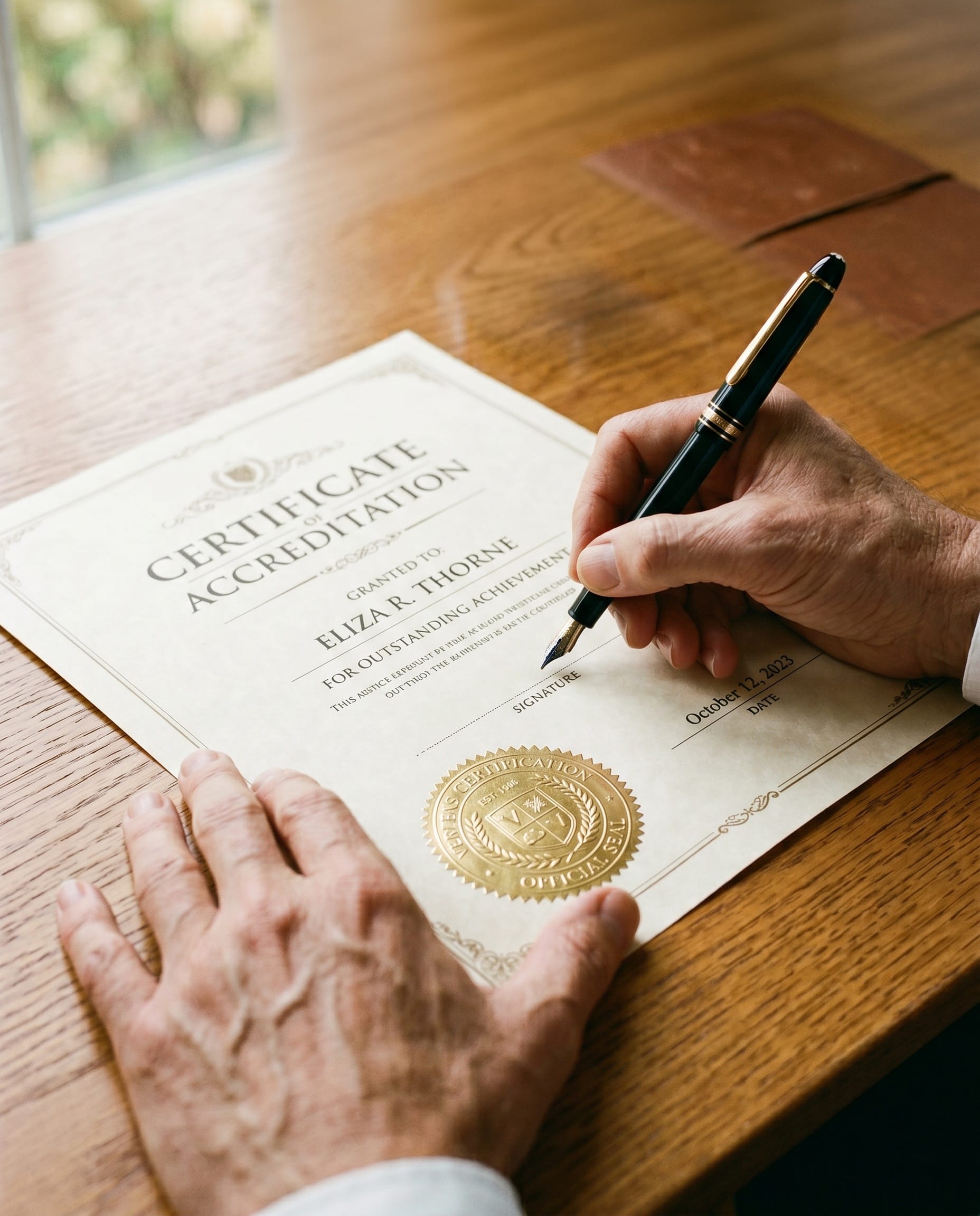 Mains signant un certificat officiel, sceau visible