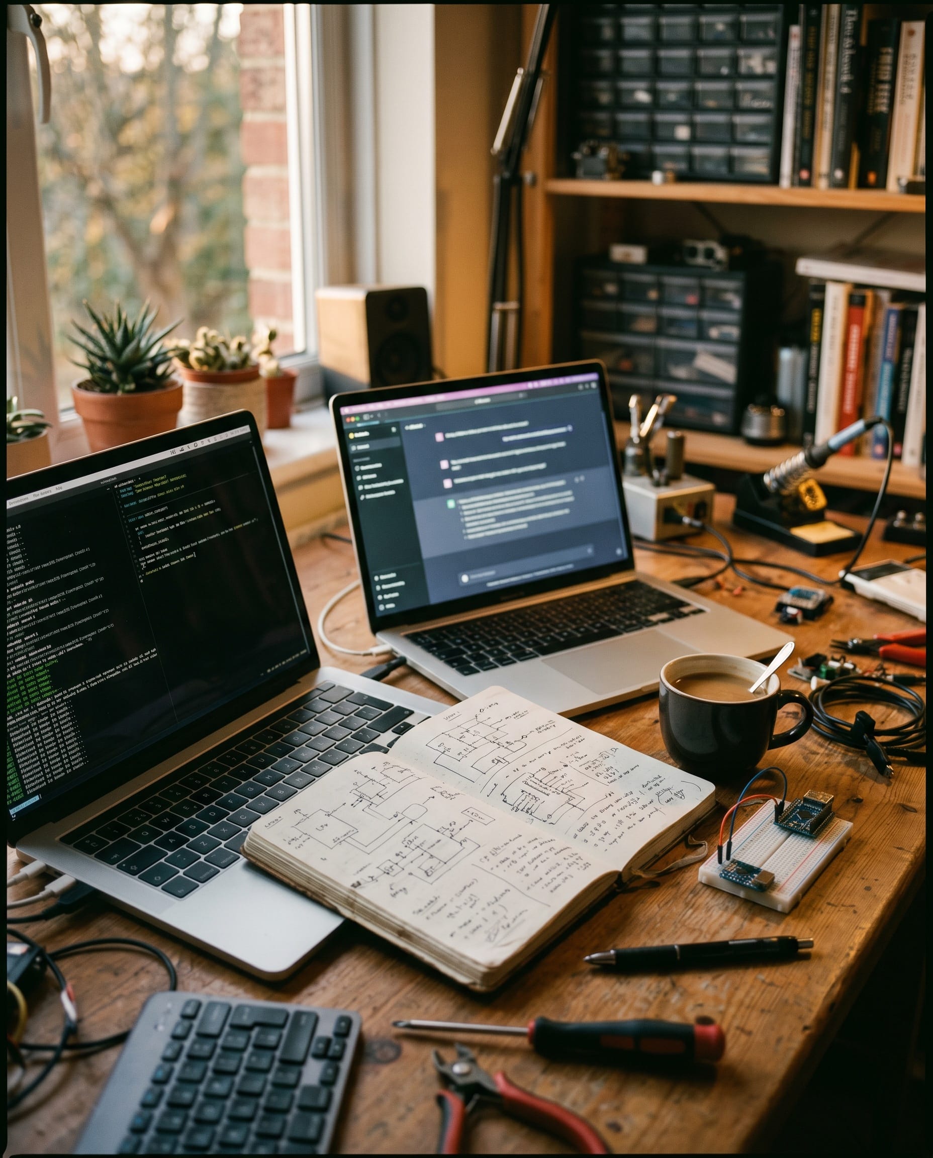 Bureau de builder Ottho avec deux laptops, terminal et interface Claude visibles