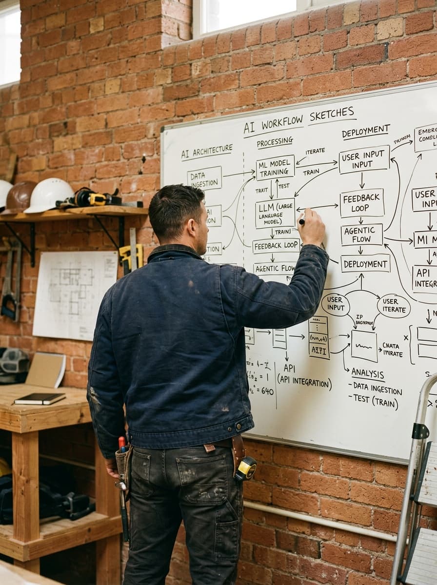 Whiteboard couvert de schémas de workflows IA