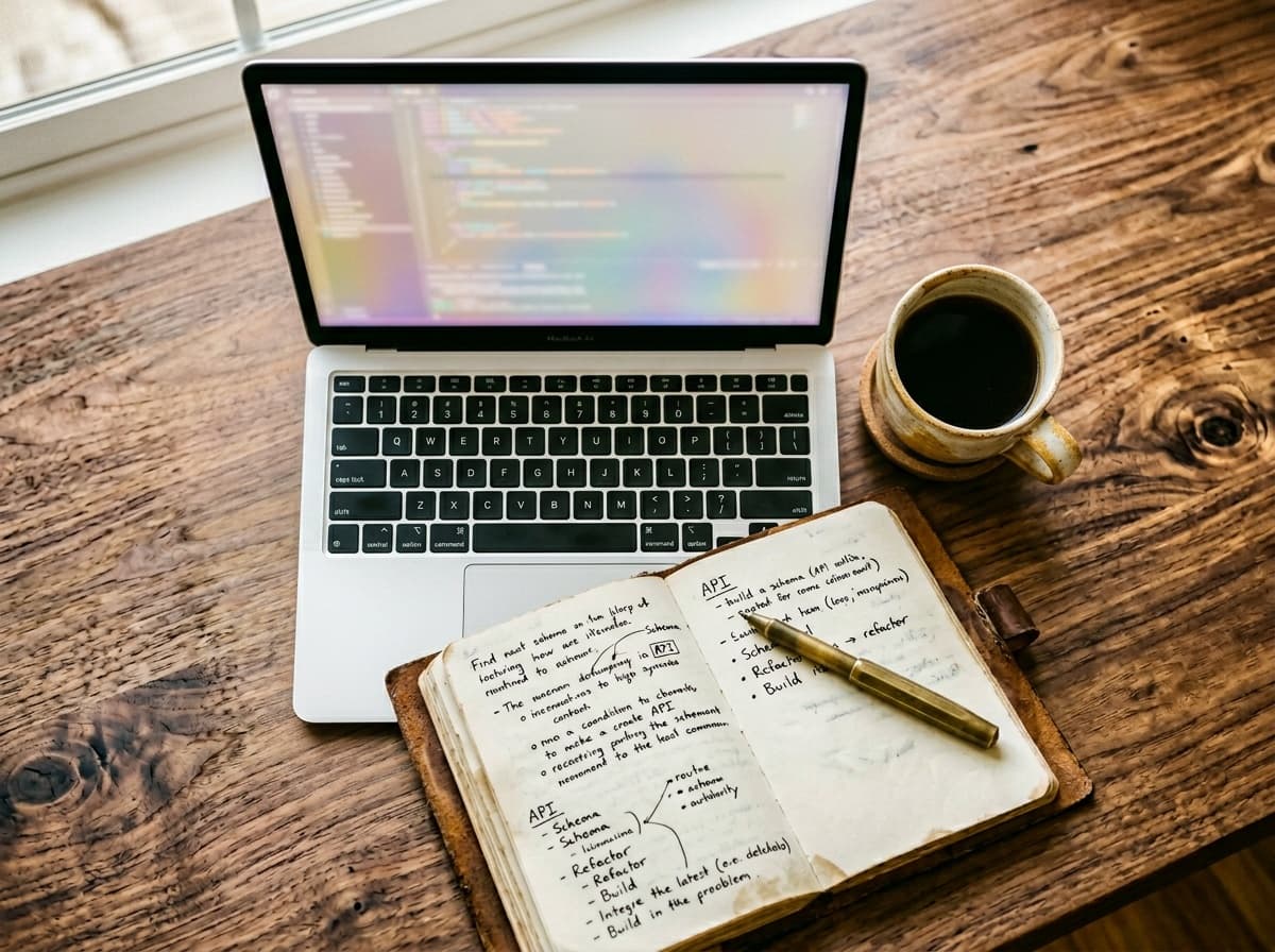 Plan du dessus d'un espace de travail — laptop, café et carnet
