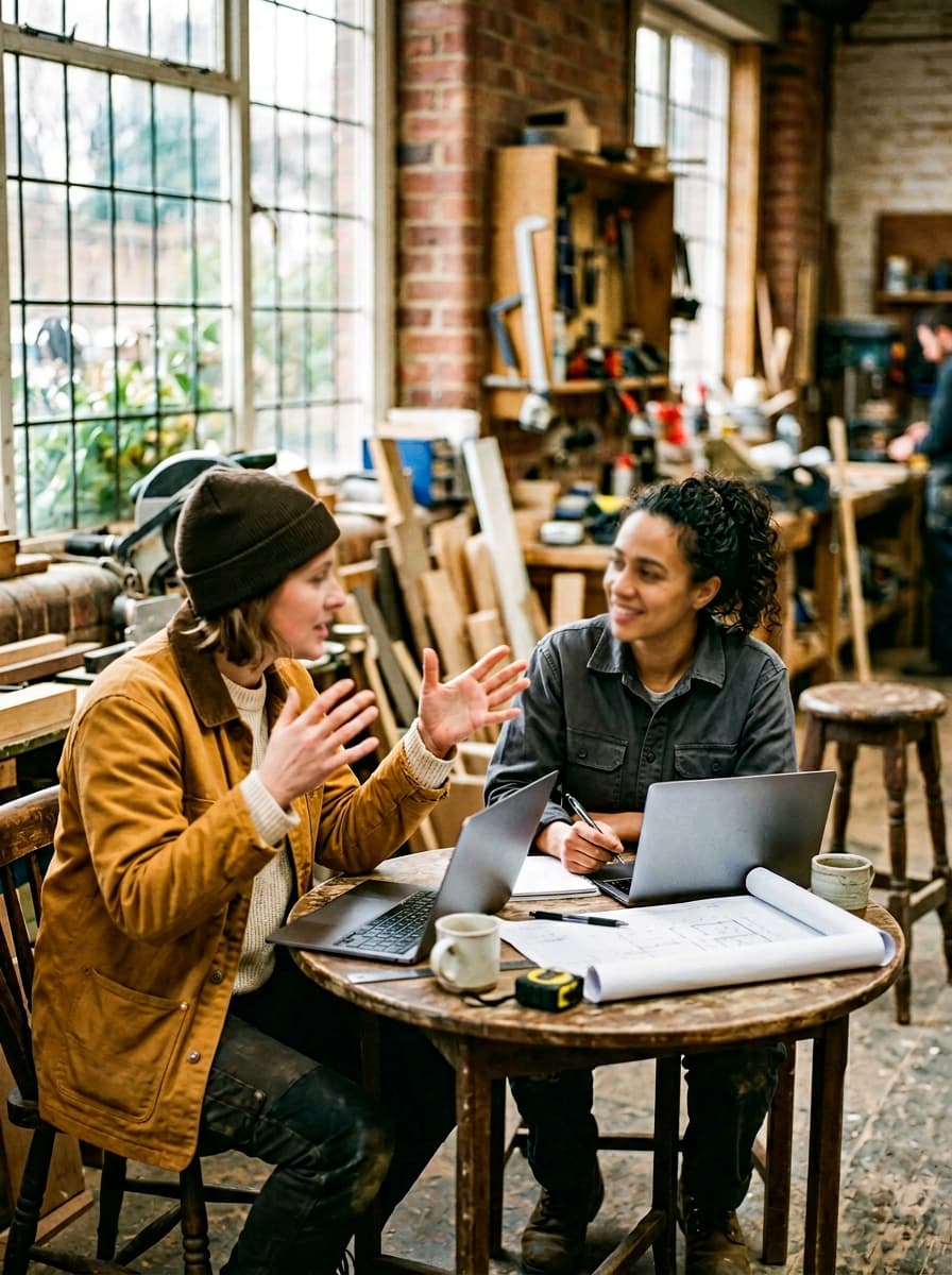 Deux builders en conversation autour de leurs ordinateurs