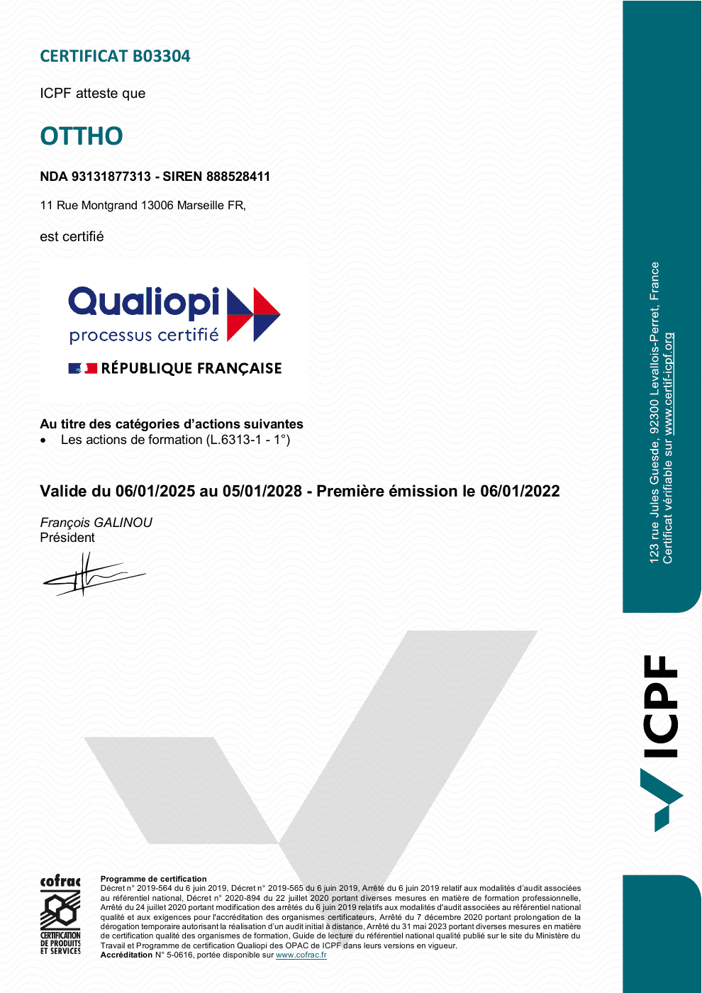 Certificat Qualiopi d’Ottho, document officiel